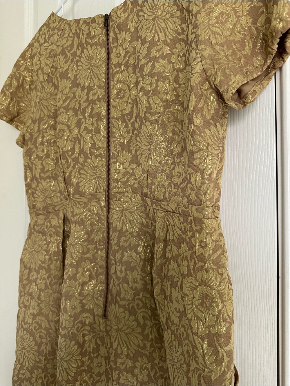 J Crew S 10 Gold Brocade Floral Dress Cocktail Formal cap Sleeve Silk Scoop Neck - Picture 4 of 6
